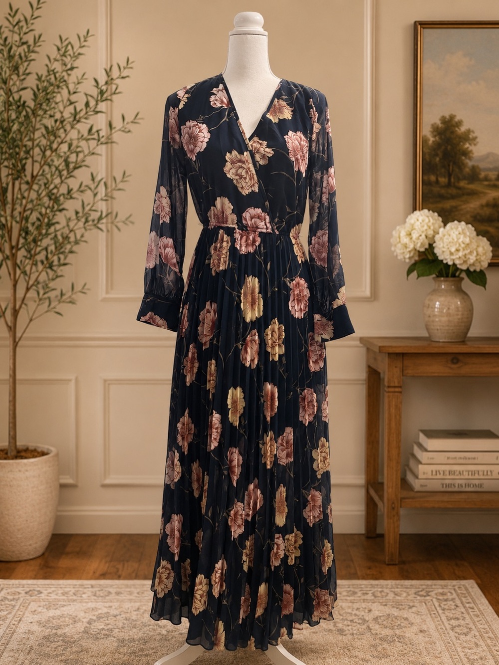 Indigo Rose Floral Maxi Dress Size Small Navy Pink Pleated Long Sleeve